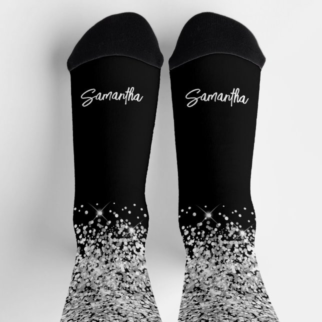 Glittery Silver Black Glam Brush Script Name Socks (Top)
