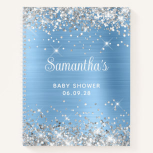 Glittery Silver Blue Foil Baby Shower Guest Notebook