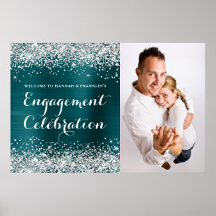 Glittery Silver Blue Teal Engagement Celebration Poster