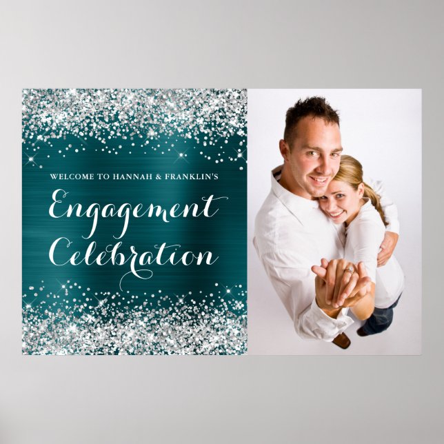 Glittery Silver Blue Teal Engagement Celebration Poster (Front)