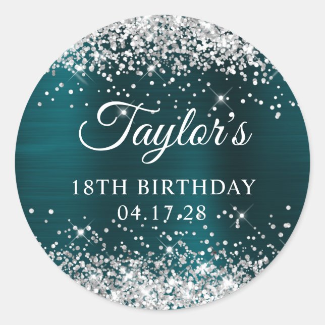 Glittery Silver Dark Turquoise Foil 18th Birthday Classic Round Sticker (Front)