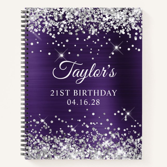 Glittery Silver Dark Violet Foil 21st Birthday Notebook (Front)