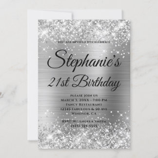 Glittery Silver Fancy Monogram 21st Birthday Invitation