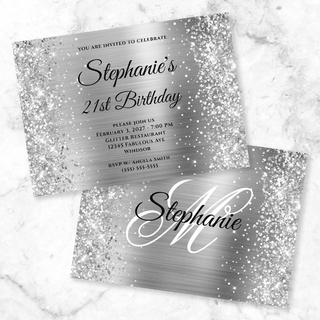 Glittery Silver Fancy Monogram 21st Birthday Invitation (Creator Uploaded)