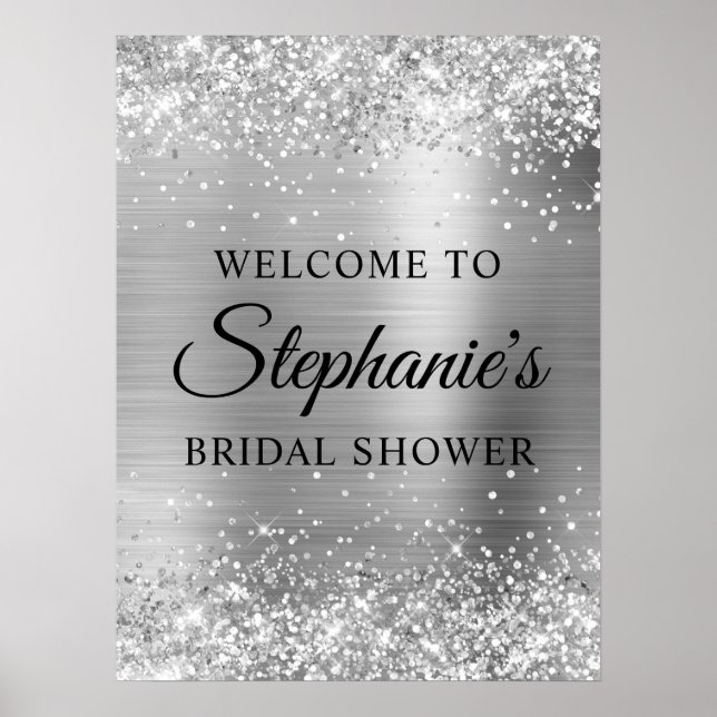 Glittery Silver Faux Foil Bridal Shower Welcome Poster (Front)