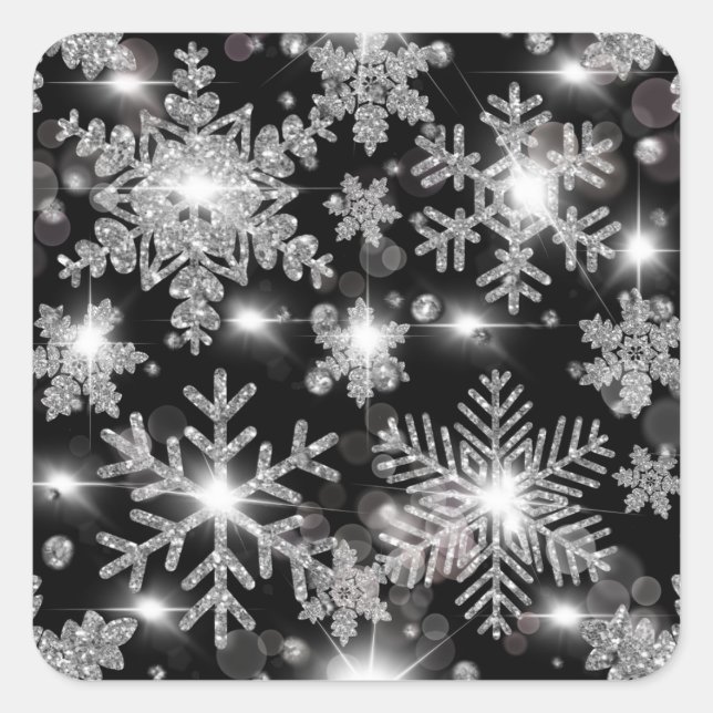 Glittery silver festive snowflake pattern  square sticker (Front)