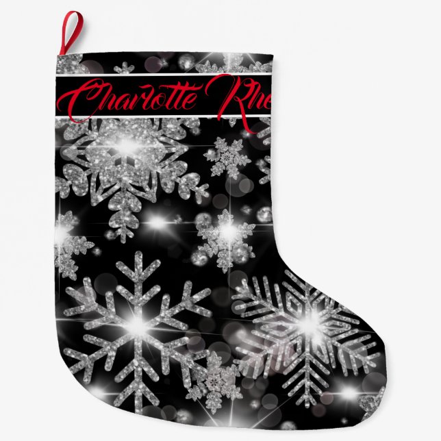 Glittery silver festive snowflakes pattern  large christmas stocking (Front)