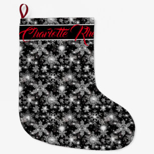 Glittery silver festive snowflakes pattern large christmas stocking