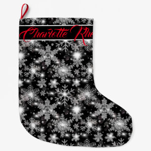 Glittery silver festive snowflakes pattern large christmas stocking