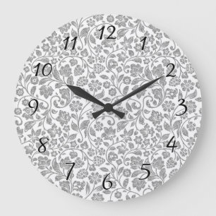 Glittery Silver Floral on White Large Clock