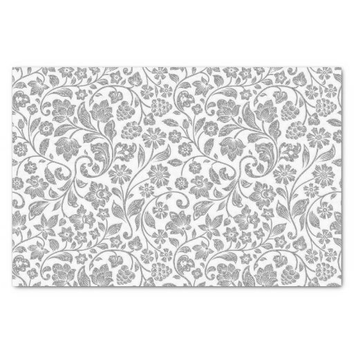 Image of Glittery Silver Floral on White Tissue Paper