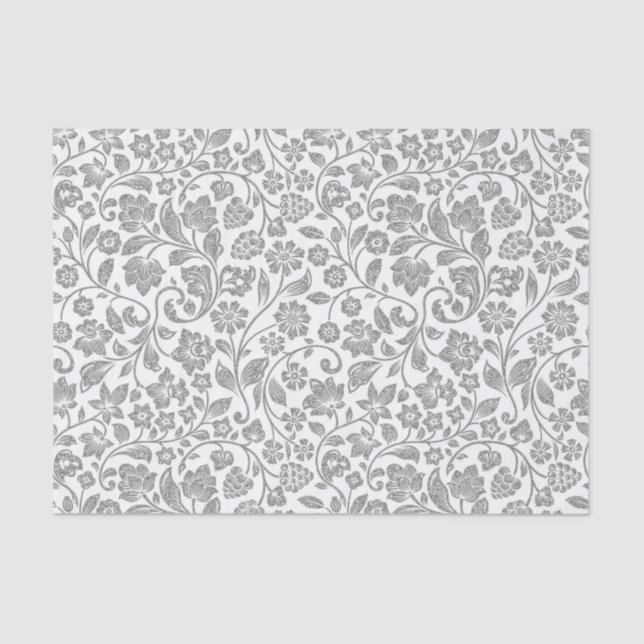 Glittery Silver Floral on White Tissue Paper (Front)