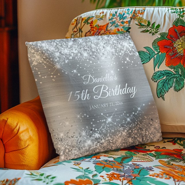Glittery Silver Foil 15th Birthday Cushion (Glittery Silver Foil 15th Birthday Throw Pillow)