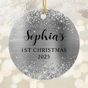 Glittery Silver Foil 1st Christmas Photo Ceramic Tree Decoration