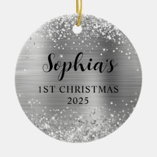 Glittery Silver Foil 1st Christmas Photo Ceramic Tree Decoration