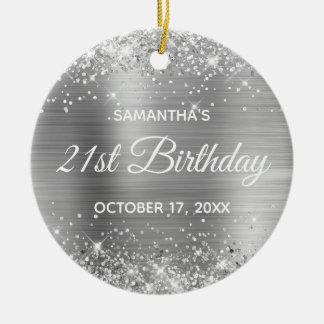Glittery Silver Foil 21st Birthday Ceramic Tree Decoration
