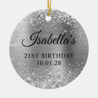 Glittery Silver Foil 21st Birthday Photo Ceramic Tree Decoration