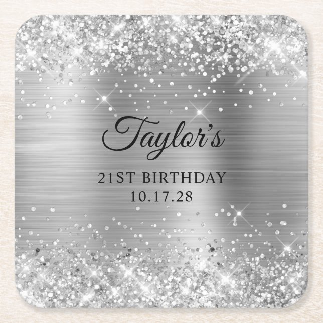 Glittery Silver Foil 21st Birthday Square Paper Coaster (Front)