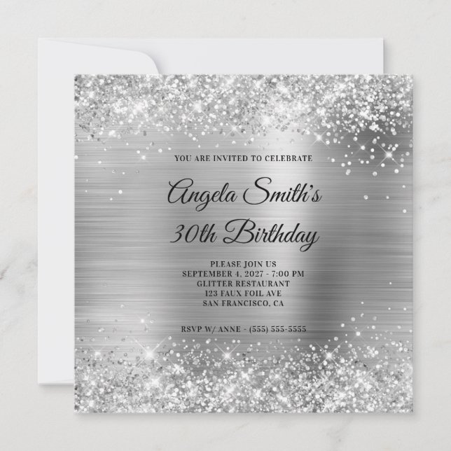 Glittery Silver Foil 30th Birthday Invitation (Front)