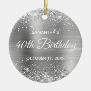 Glittery Silver Foil 40th Birthday Ceramic Tree Decoration