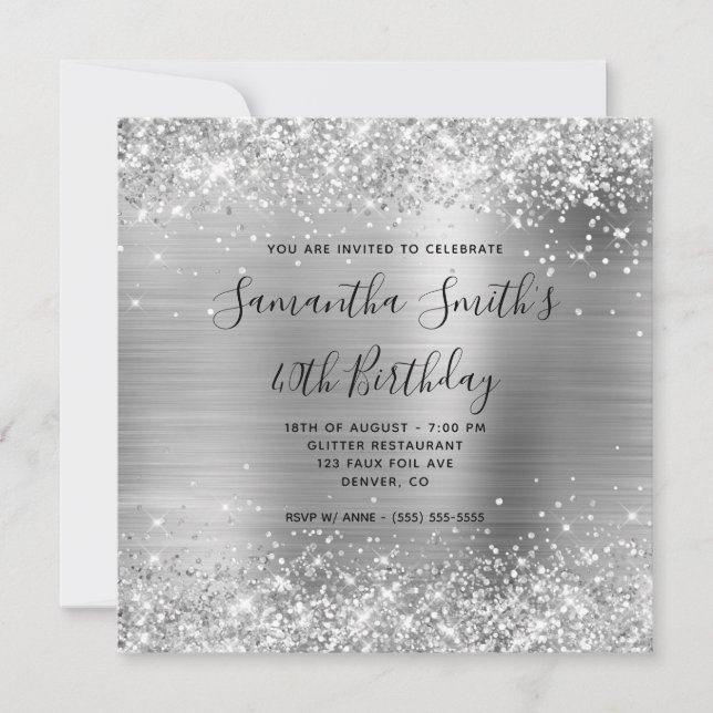 Glittery Silver Foil 40th Birthday Invitation (Front)