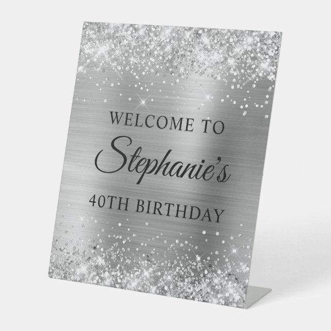 Glittery Silver Foil 40th Birthday Pedestal Sign (Front)