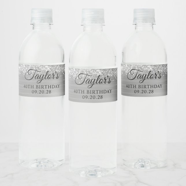Glittery Silver Foil 40th Birthday Water Bottle Label (Bottles)