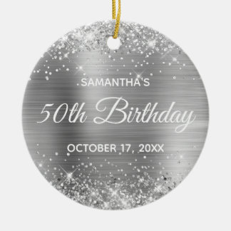 Glittery Silver Foil 50th Birthday Ceramic Tree Decoration