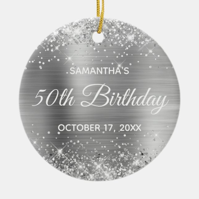 Glittery Silver Foil 50th Birthday Ceramic Tree Decoration (Front)