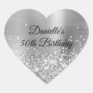 Glittery Silver Foil 50th Birthday Heart Sticker