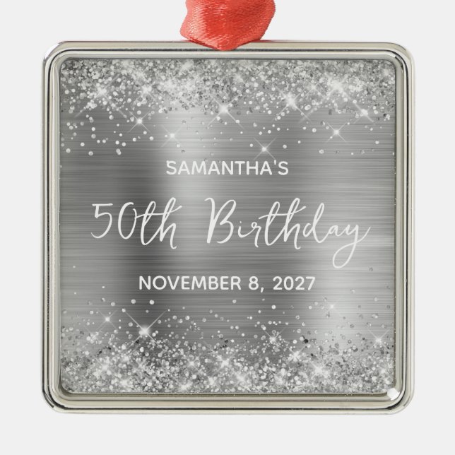 Glittery Silver Foil 50th Birthday Metal Tree Decoration (Front)