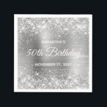 Glittery Silver Foil 50th Birthday Napkin<br><div class="desc">Create your own 50th birthday paper napkins for her.
Customise the block text and/or calligraphy font style.
Change the text for any special or milestone birthday.
The digital art background features a faux silver glitter and metallic ombre foil.</div>