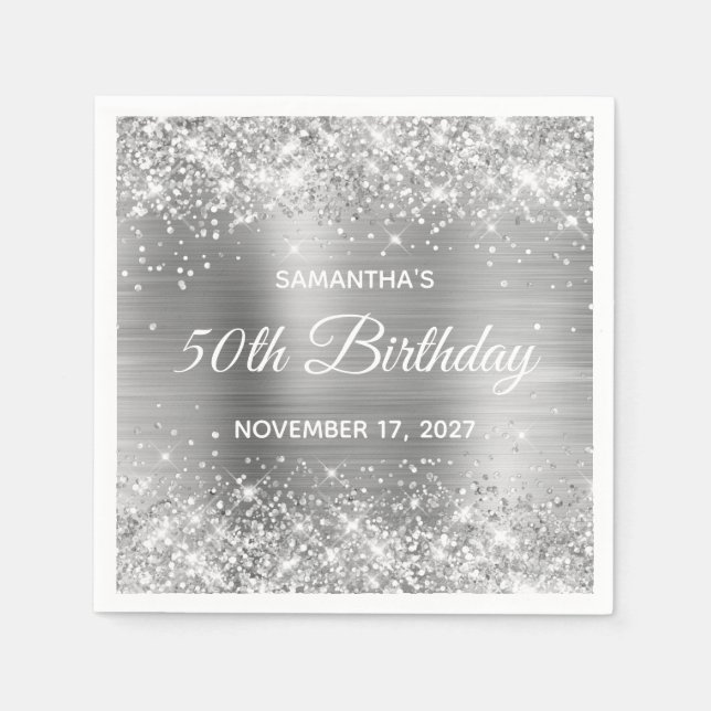 Glittery Silver Foil 50th Birthday Napkin (Front)