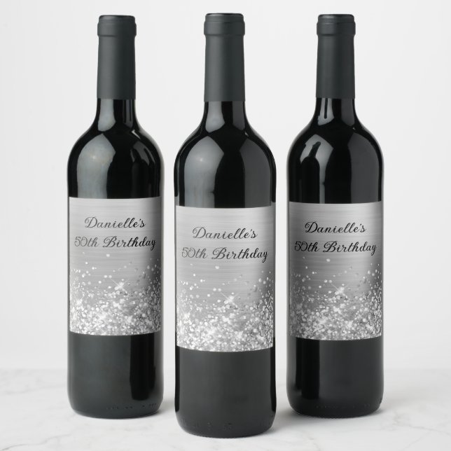 Glittery Silver Foil 50th Birthday Wine Label (Bottles)