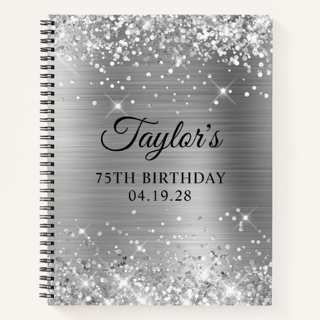 Glittery Silver Foil 75th Birthday Guest Notebook (Front)