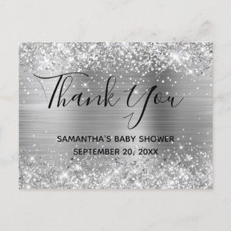 Glittery Silver Foil Baby Shower Thank You Postcard