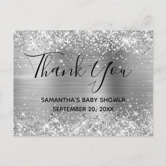 Glittery Silver Foil Baby Shower Thank You Postcard (Front)