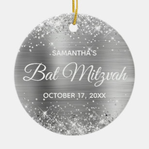 Glittery Silver Foil Bat Mitzvah Ceramic Tree Decoration