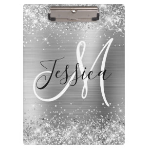 Glittery Silver Foil Black and White Monogram Clipboard