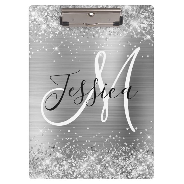 Glittery Silver Foil Black and White Monogram Clipboard (Front)