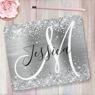 Glittery Silver Foil Black and White Monogram Mouse Mat