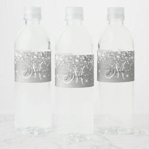 Glittery Silver Foil Black and White Monogram Water Bottle Label
