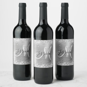 Glittery Silver Foil Black and White Monogram Wine Label