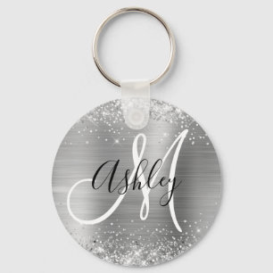 Glittery Silver Foil Black and White Monogrammed Key Ring