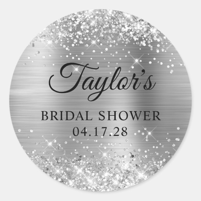 Glittery Silver Foil Bridal Shower Classic Round Sticker (Front)