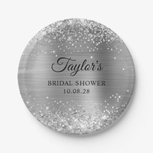 Glittery Silver Foil Bridal Shower Paper Plate