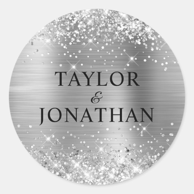 Glittery Silver Foil Bride & Groom Wedding Classic Round Sticker (Front)