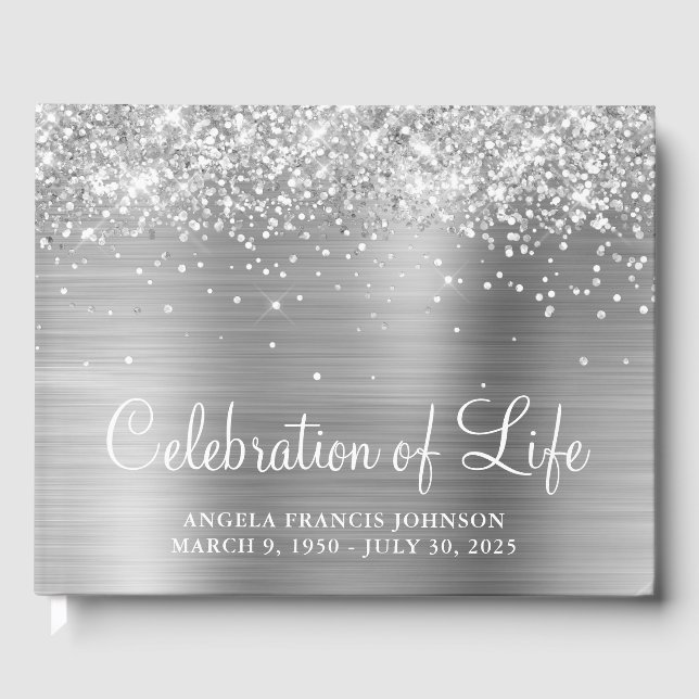 Glittery Silver Foil Celebration of Life Guest Book (Front)
