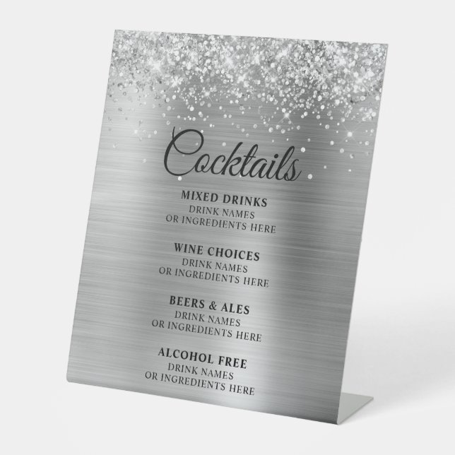 Glittery Silver Foil Cocktails Bar Menu Pedestal Sign (Front)