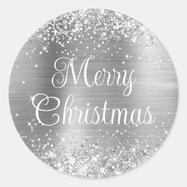 Glittery Silver Foil Curly Merry Christmas Classic Round Sticker (Front)